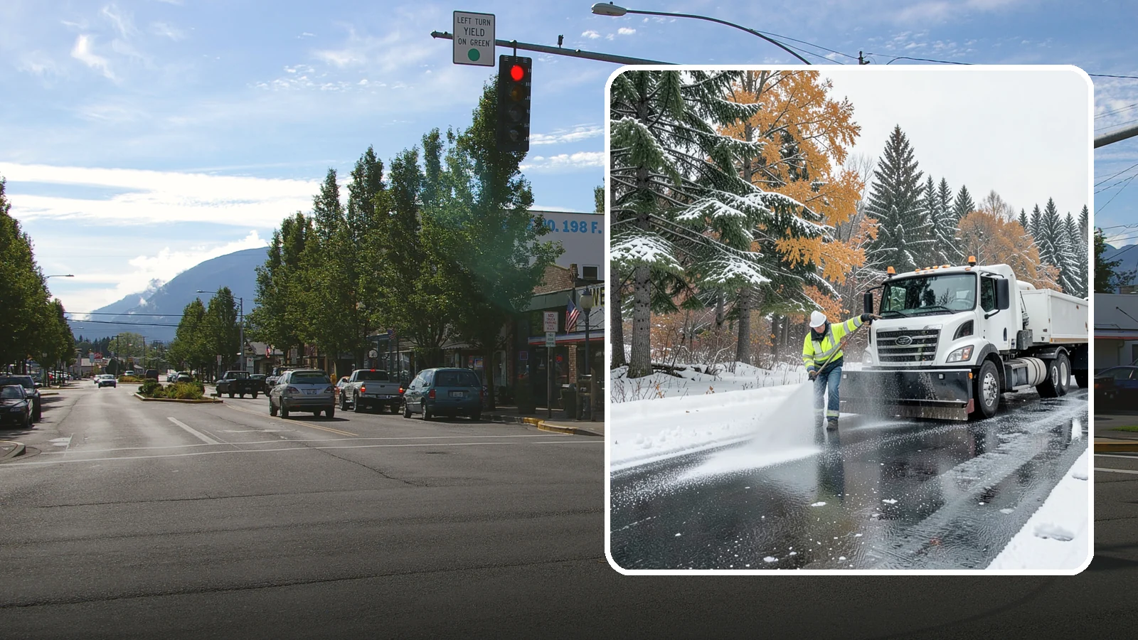 Brine Application in North Bend, King County, WA - Brine application lays down a liquid salt solution that stops ice from bonding to pavement before a storm arrives.