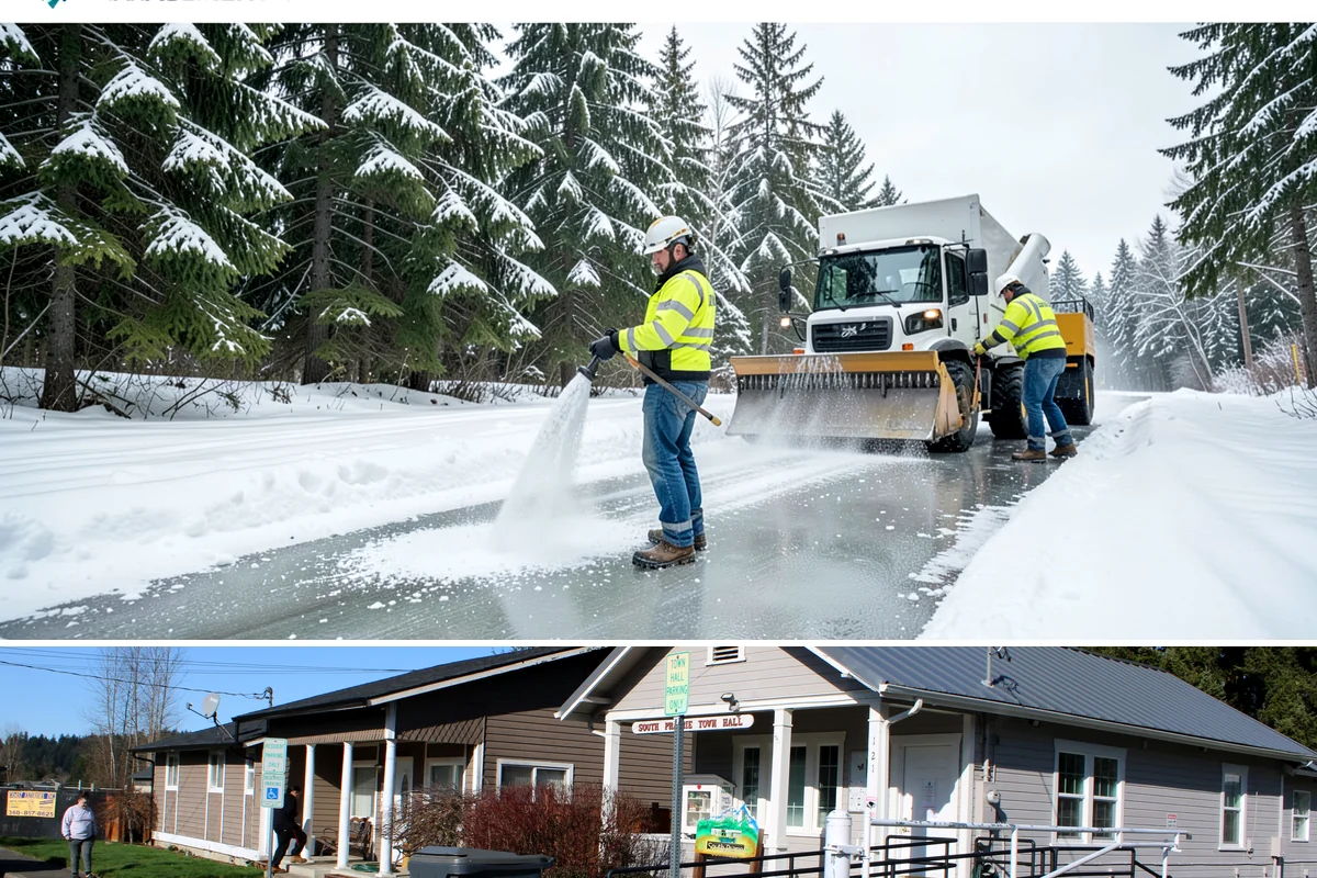Brine Application in South Prairie, Pierce County, WA - Brine pretreatment is applied ahead of forecast frost and freezing-rain events throughout the November-to-February window.
