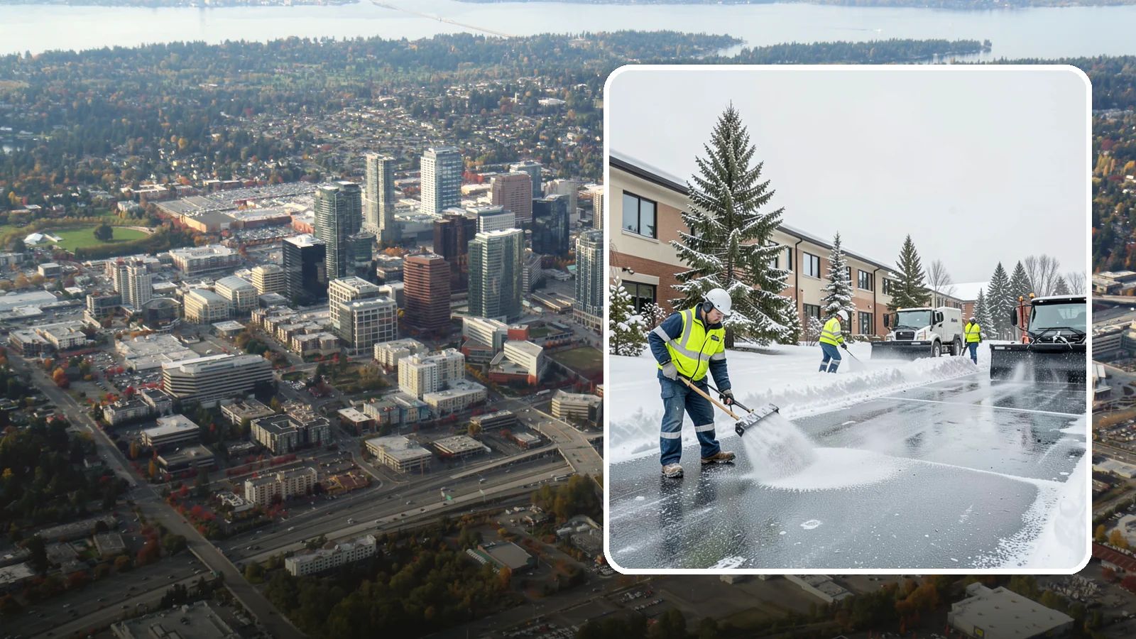 Business Park Deicing in Bellevue, King County, WA - Deicing for business parks, coordinating ice control across multiple buildings, shared drives, and connecting walkways in one...