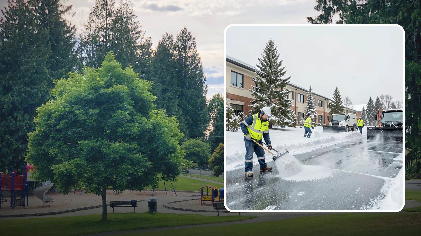 Business Park Deicing in Bonney Lake, Pierce County, WA - Deicing for business parks, coordinating ice control across multiple buildings, shared drives, and connecting walkways in one...