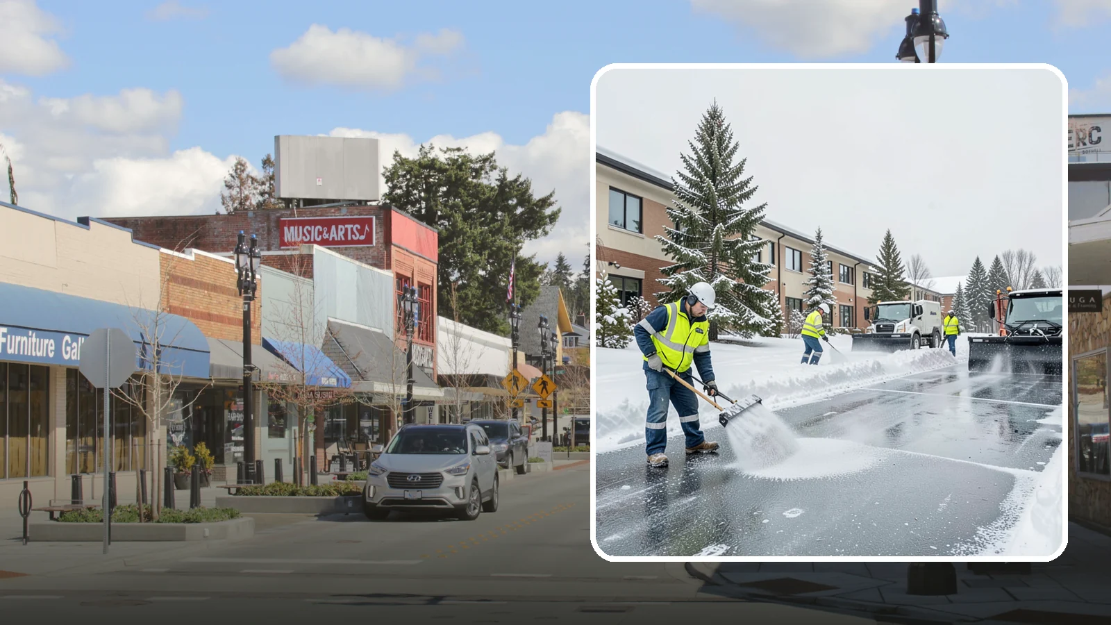 Business Park Deicing in Bothell, King County, WA - Deicing for business parks, coordinating ice control across multiple buildings, shared drives, and connecting walkways in one...