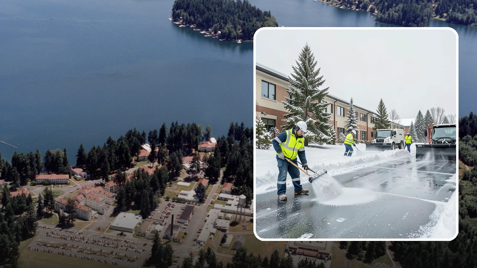Business Park Deicing in Lakewood, Pierce County, WA - Deicing for business parks, coordinating ice control across multiple buildings, shared drives, and connecting walkways in one...