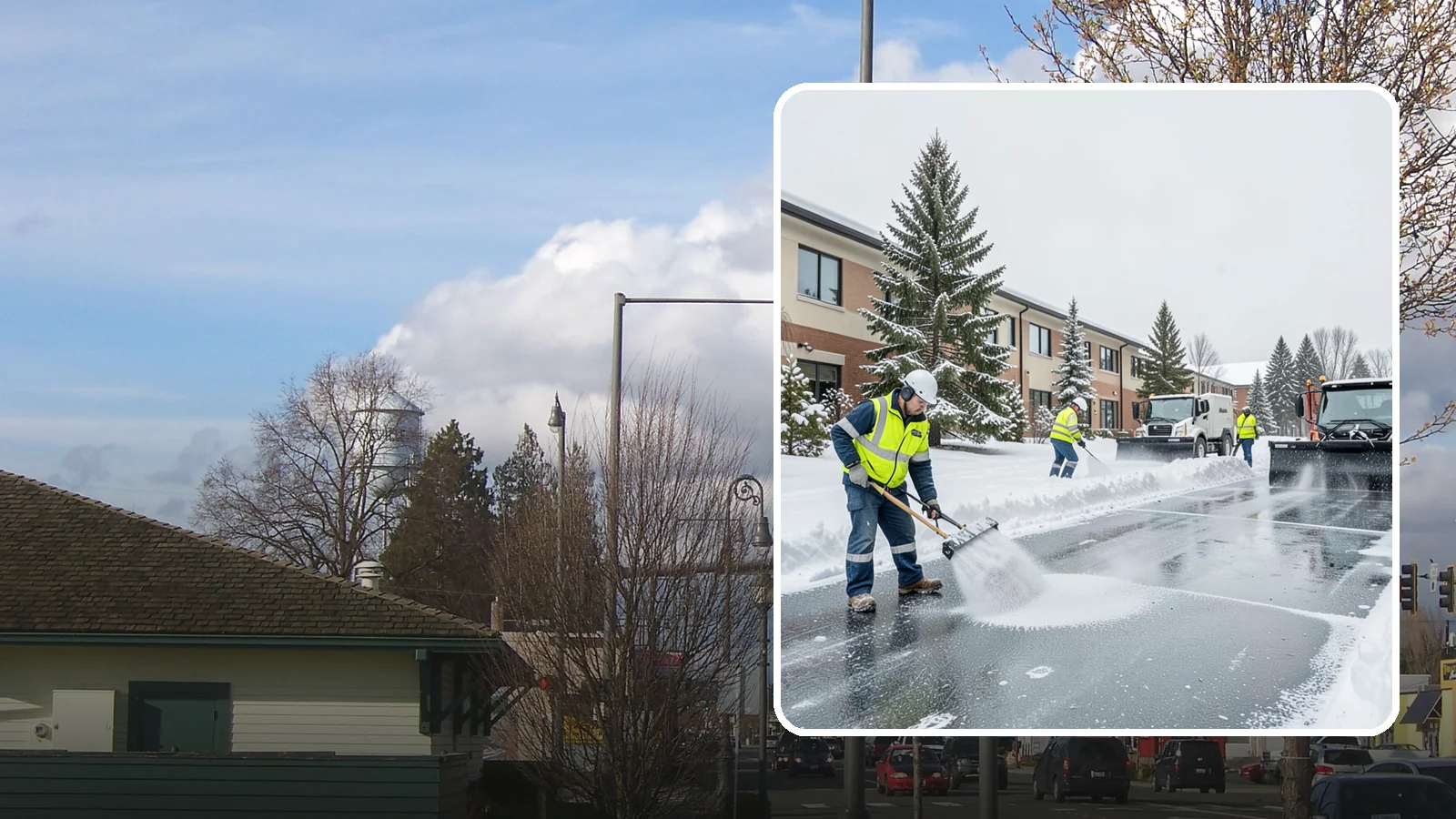 Business Park Deicing in Marysville, Snohomish County, WA - Deicing for business parks, coordinating ice control across multiple buildings, shared drives, and connecting walkways in one...