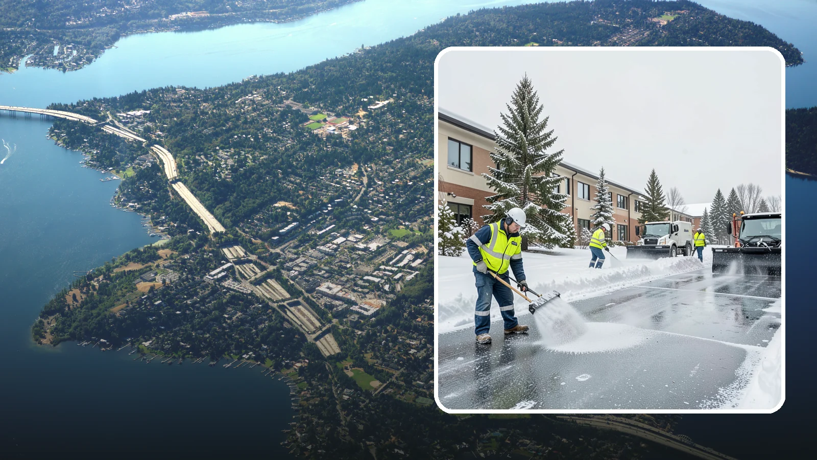 Business Park Deicing in Mercer Island, King County, WA - Deicing for business parks, coordinating ice control across multiple buildings, shared drives, and connecting walkways in one...