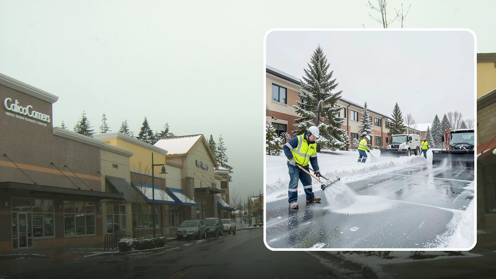 Business Park Deicing in Mill Creek, Snohomish County, WA - Deicing for business parks, coordinating ice control across multiple buildings, shared drives, and connecting walkways in one...