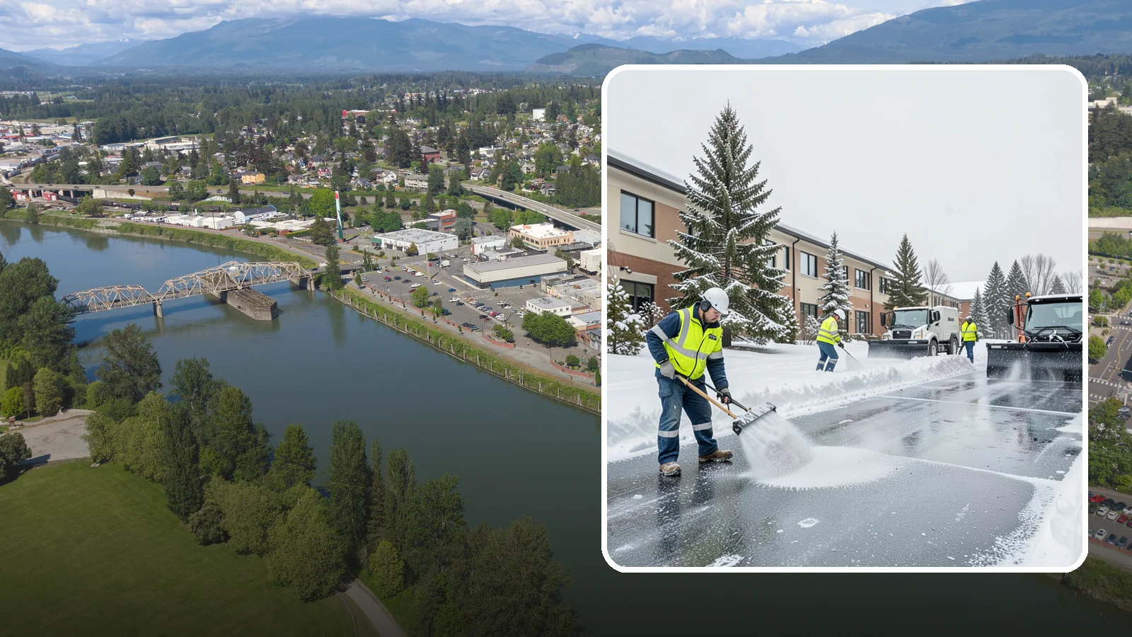 Business Park Deicing in Mount Vernon, Skagit County, WA - Deicing for business parks, coordinating ice control across multiple buildings, shared drives, and connecting walkways in one...
