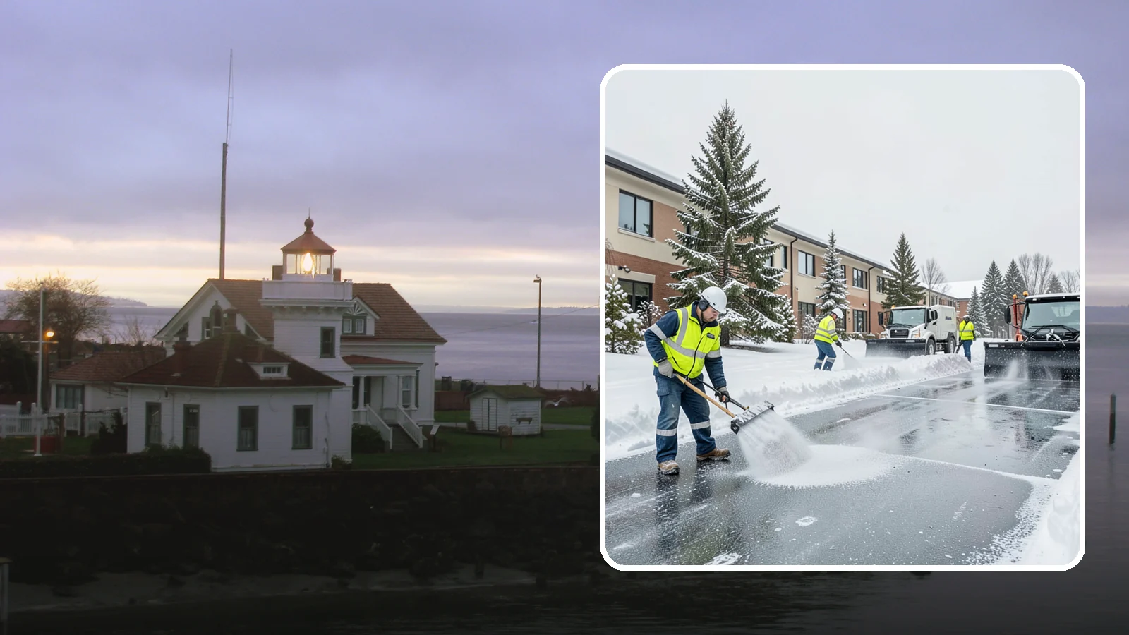 Business Park Deicing in Mukilteo, Snohomish County, WA - Deicing for business parks, coordinating ice control across multiple buildings, shared drives, and connecting walkways in one...