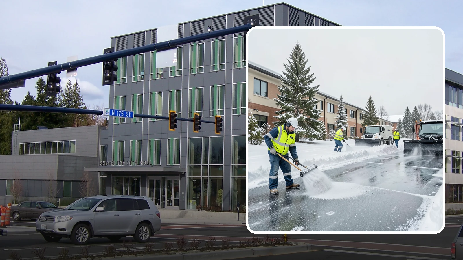 Business Park Deicing in Shoreline, King County, WA - Deicing for business parks, coordinating ice control across multiple buildings, shared drives, and connecting walkways in one...