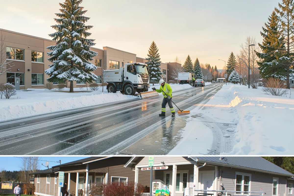 Business Park Deicing in South Prairie, Pierce County, WA - Coverage runs the winter season with commute-focused readiness during the freezing-rain events that stall lowland business...