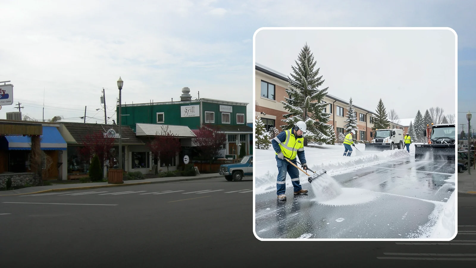Business Park Deicing in Stanwood, Snohomish County, WA - Deicing for business parks, coordinating ice control across multiple buildings, shared drives, and connecting walkways in one...