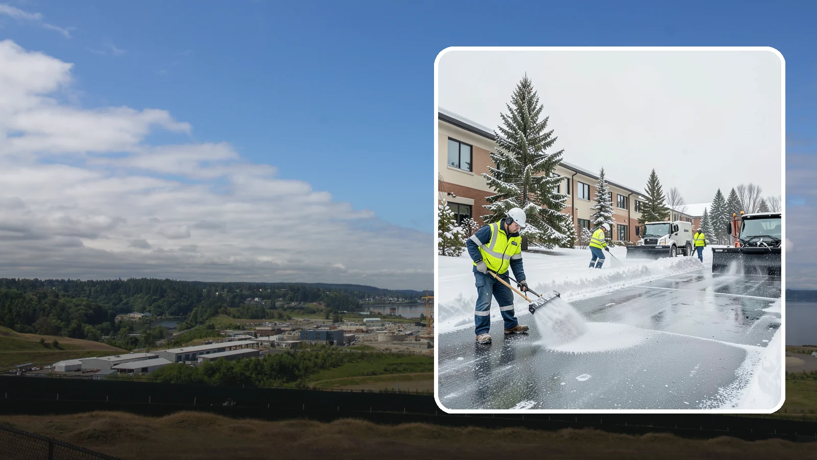 Business Park Deicing in University Place, Pierce County, WA - Deicing for business parks, coordinating ice control across multiple buildings, shared drives, and connecting walkways in one...