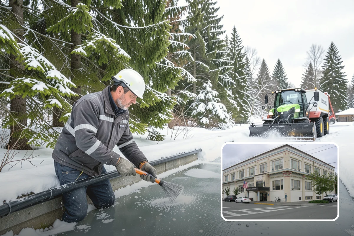 Business Park Parking Lot Snow Removal in Anacortes, Skagit County, WA - Shared internal roads open first so tenants can circulate