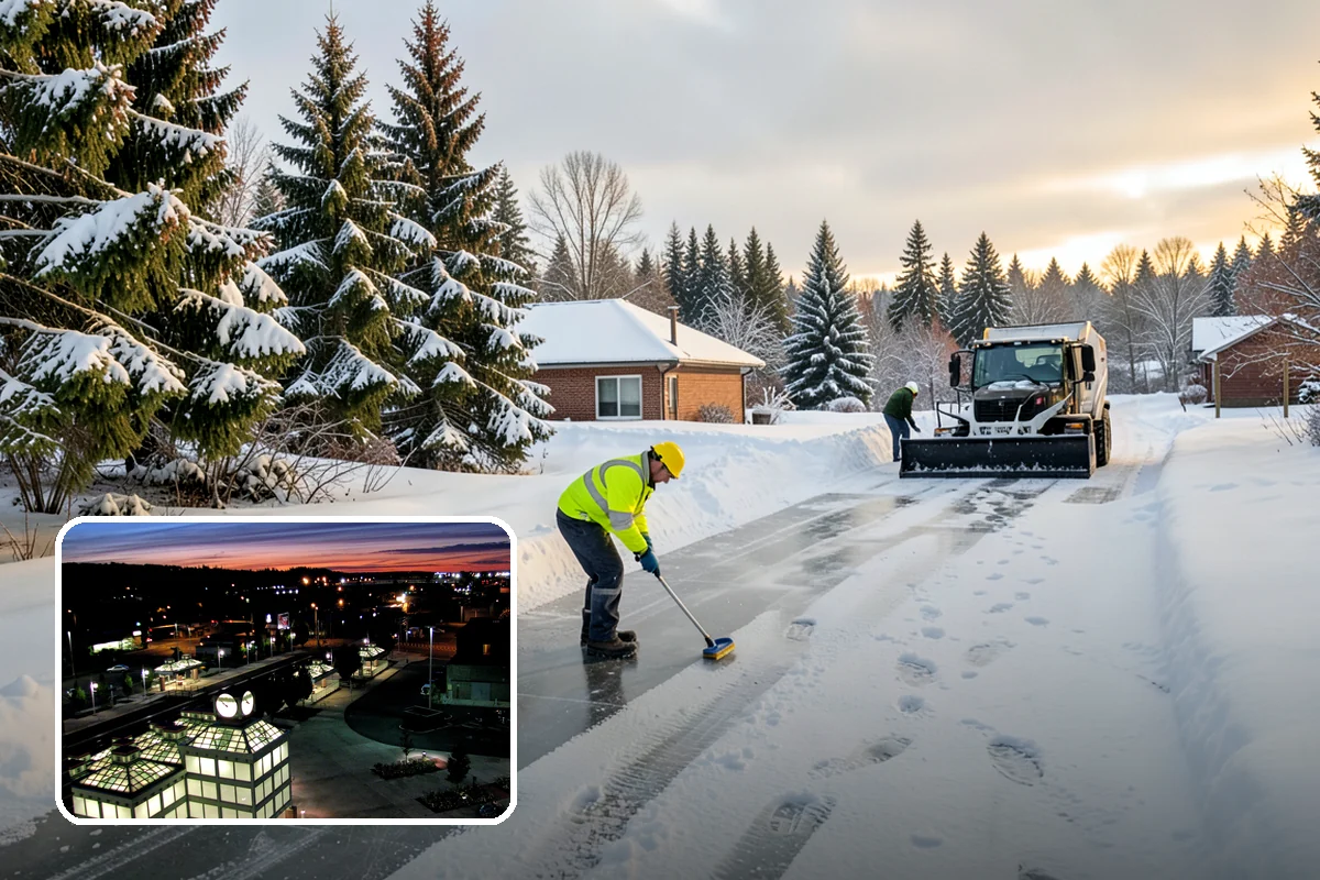 Business Park Parking Lot Snow Removal in Auburn, King County, WA - Shared internal roads open first so tenants can circulate