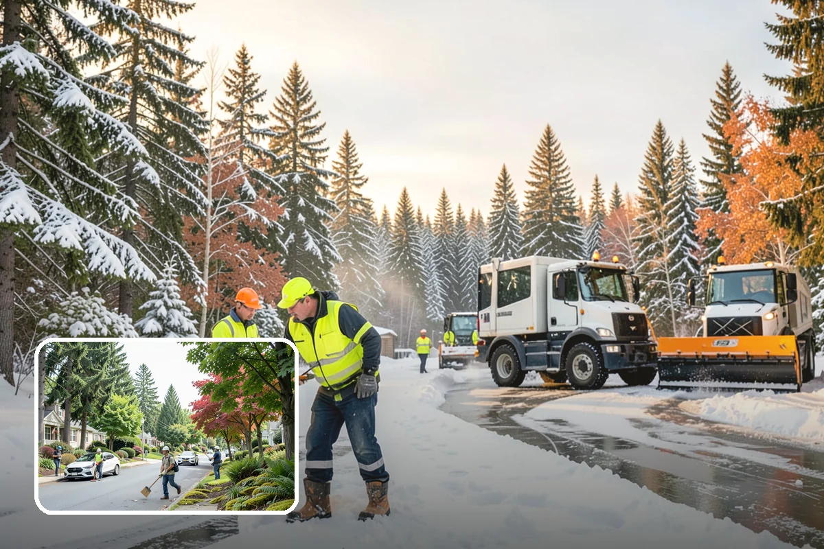 Business Park Parking Lot Snow Removal in Beaux Arts Village, King County, WA - Shared internal roads open first so tenants can circulate