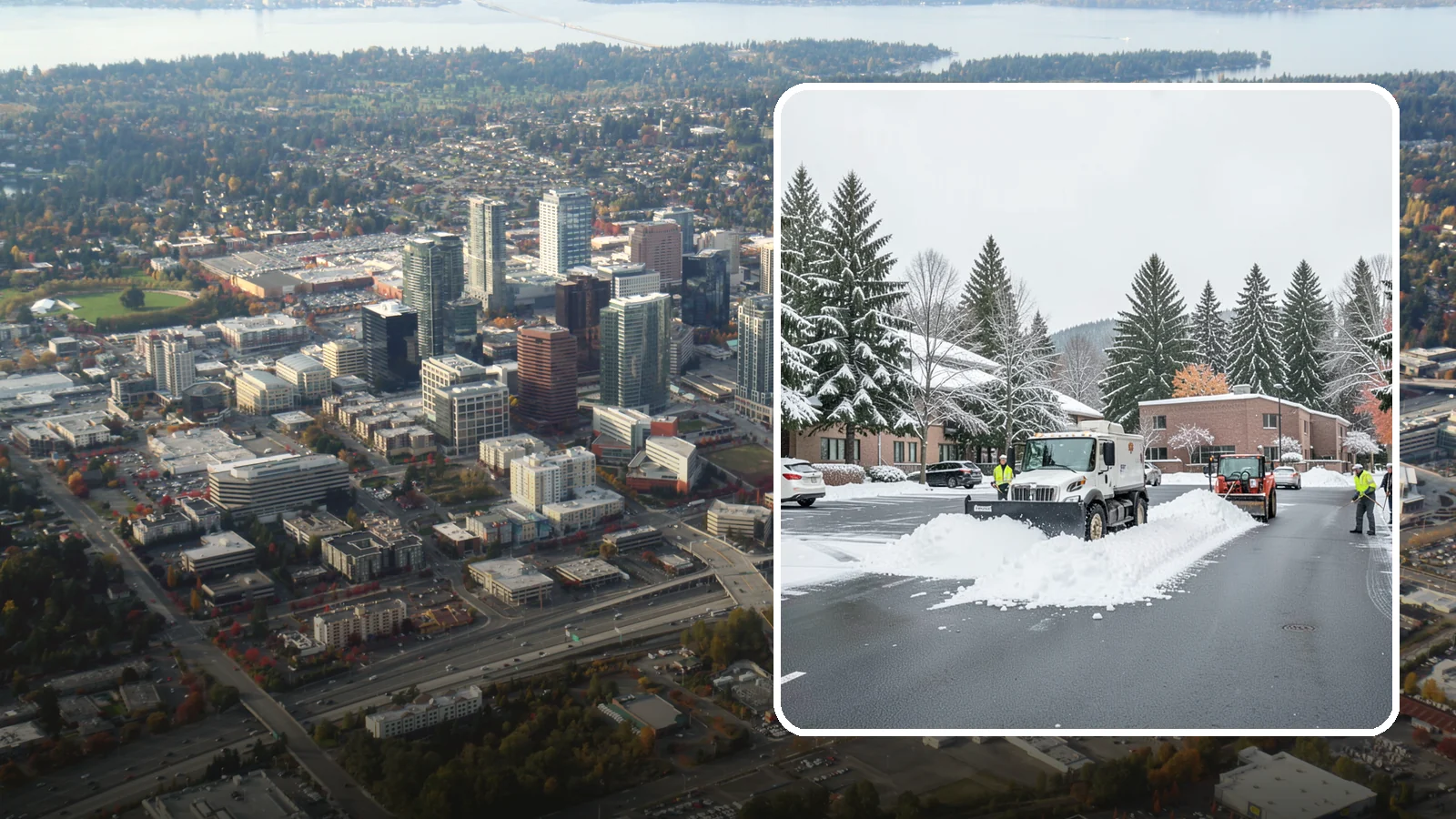 Business Park Parking Lot Snow Removal in Bellevue, King County, WA - We clear multi-building business park lots and connecting roads so Western Washington tenants reach work in winter.
