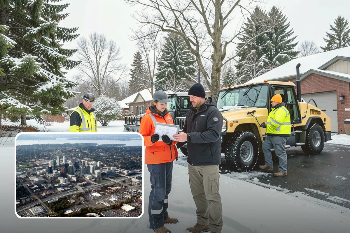Business Park Parking Lot Snow Removal in Bellevue, King County, WA - Shared internal roads open first so tenants can circulate
