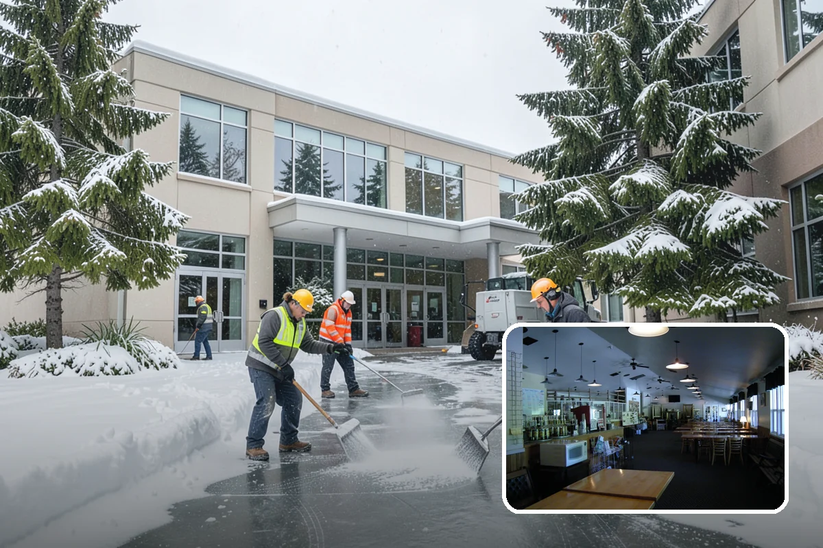 Business Park Parking Lot Snow Removal in Black Diamond, King County, WA - Shared internal roads open first so tenants can circulate
