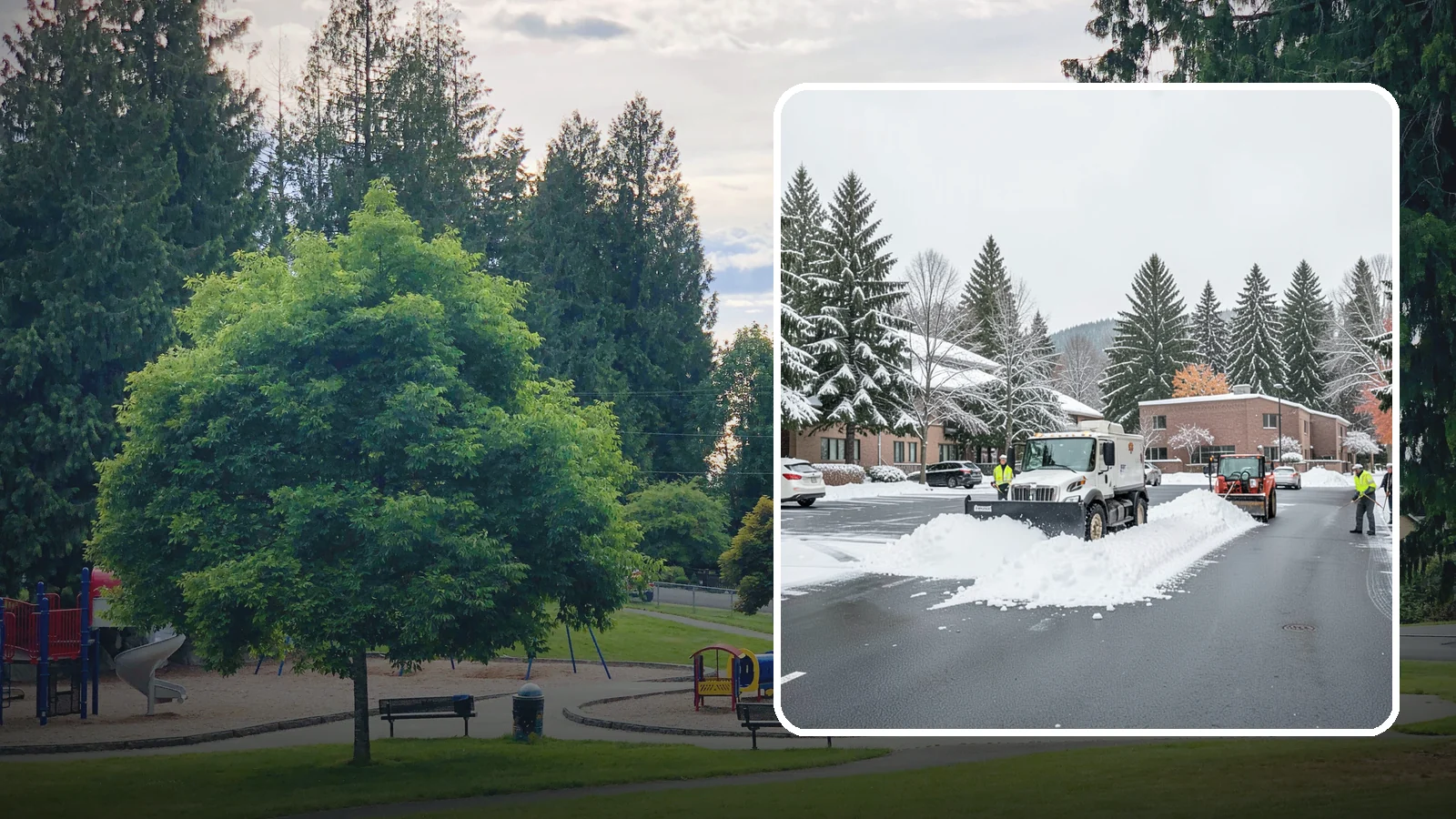 Business Park Parking Lot Snow Removal in Bonney Lake, Pierce County, WA - We clear multi-building business park lots and connecting roads so Western Washington tenants reach work in winter.