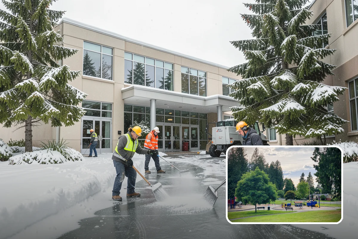 Business Park Parking Lot Snow Removal in Bonney Lake, Pierce County, WA - Shared internal roads open first so tenants can circulate