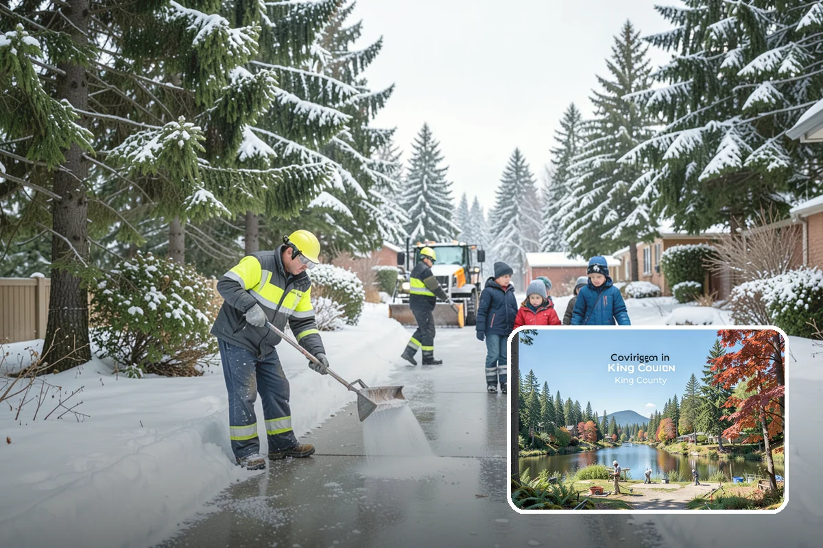 Business Park Parking Lot Snow Removal in Covington, King County, WA - Shared internal roads open first so tenants can circulate