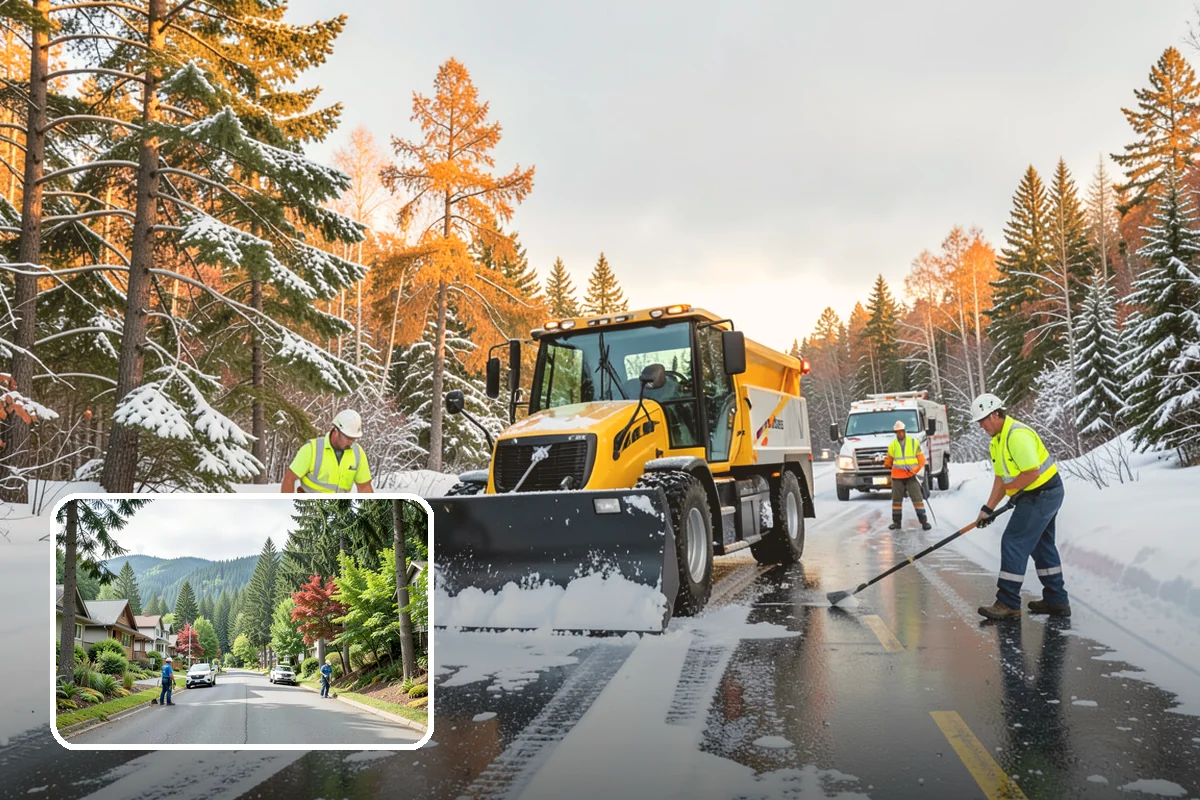 Business Park Parking Lot Snow Removal in Darrington, Snohomish County, WA - Shared internal roads open first so tenants can circulate