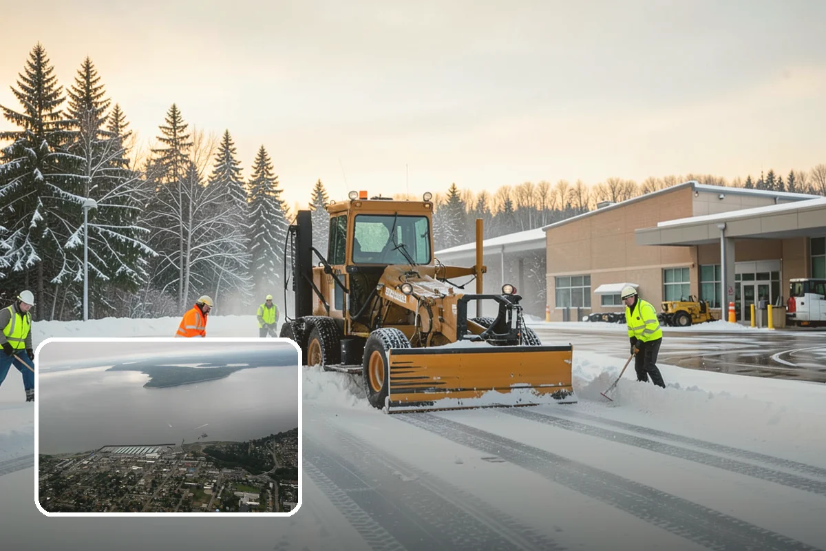 Business Park Parking Lot Snow Removal in Des Moines, King County, WA - Shared internal roads open first so tenants can circulate