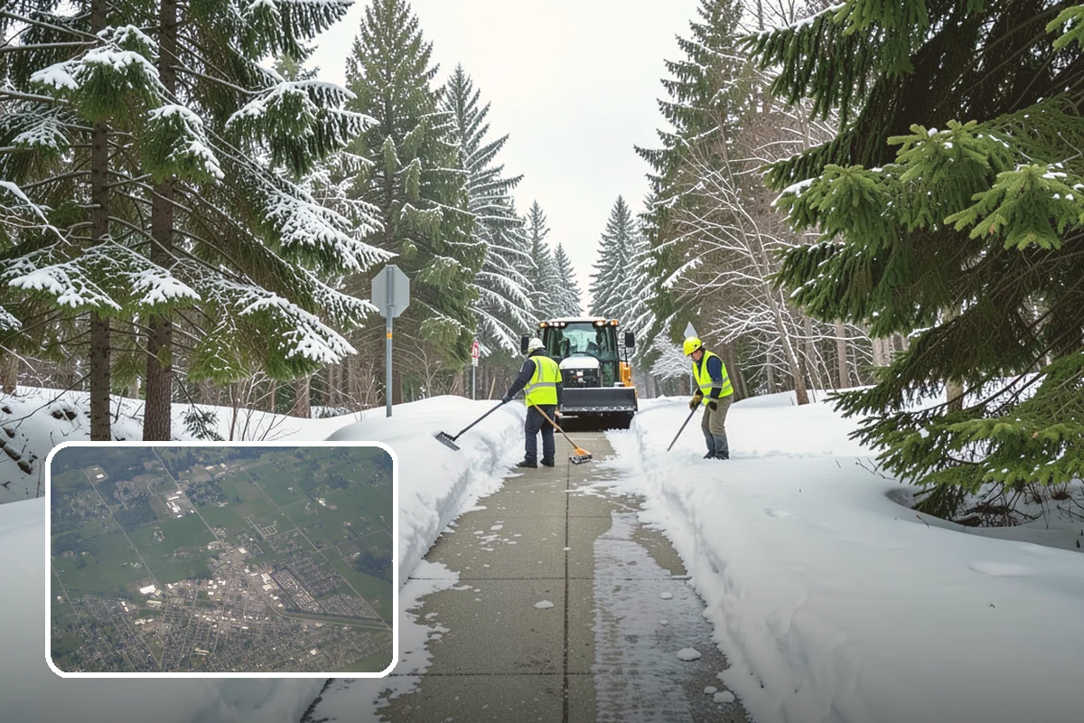 Business Park Parking Lot Snow Removal in Enumclaw, King County, WA - Shared internal roads open first so tenants can circulate