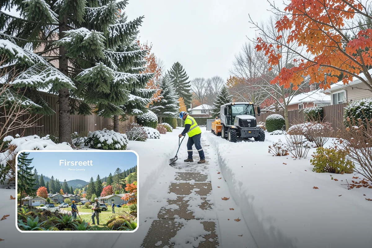 Business Park Parking Lot Snow Removal in Fircrest, Pierce County, WA - Shared internal roads open first so tenants can circulate