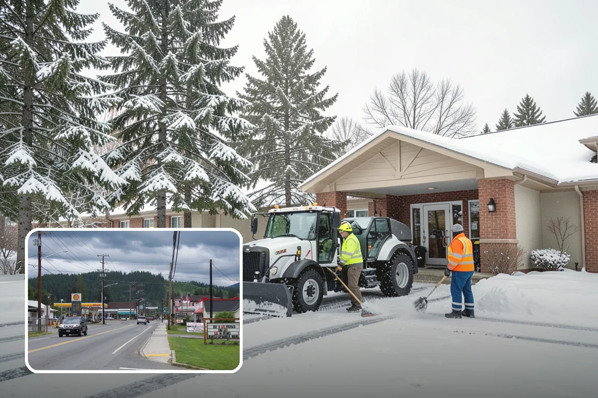 Business Park Parking Lot Snow Removal in Granite Falls, Snohomish County, WA - Shared internal roads open first so tenants can circulate