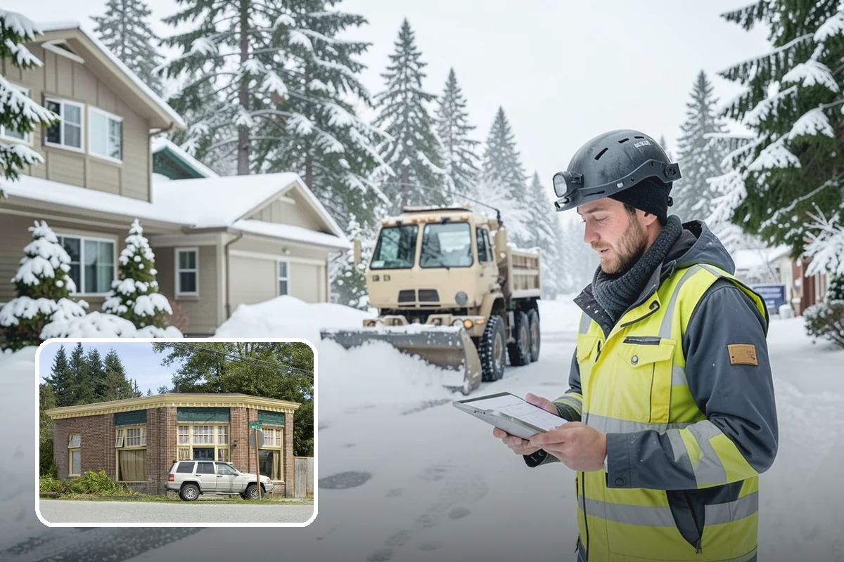 Business Park Parking Lot Snow Removal in Hamilton, Skagit County, WA - Shared internal roads open first so tenants can circulate