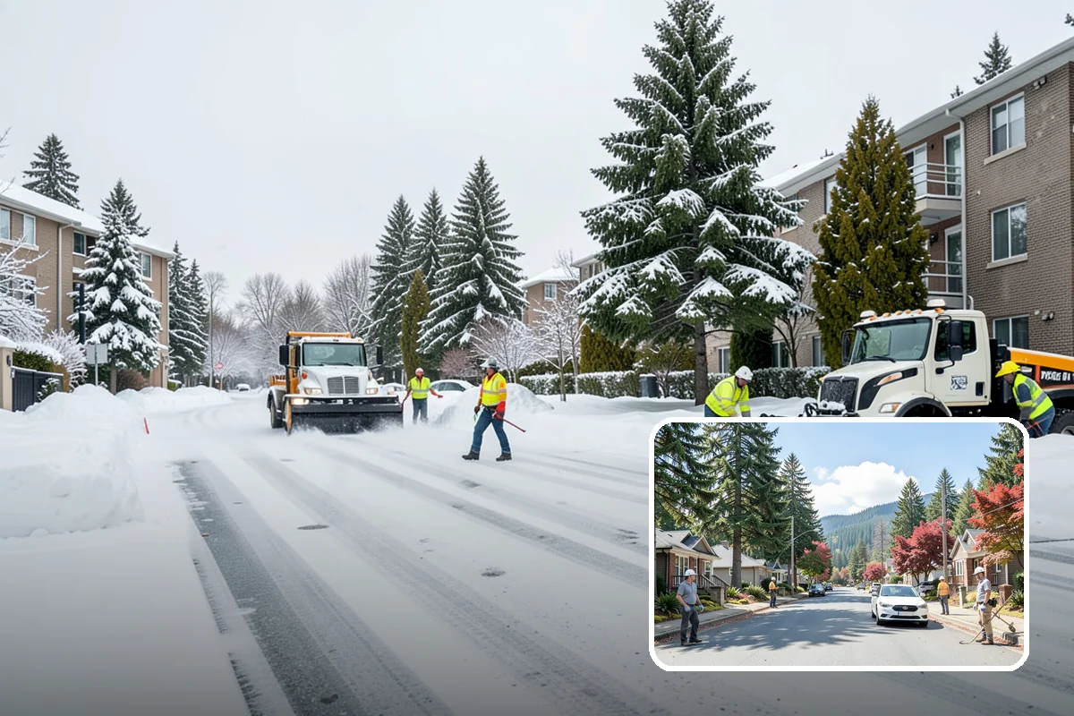 Business Park Parking Lot Snow Removal in Hunts Point, King County, WA - Shared internal roads open first so tenants can circulate