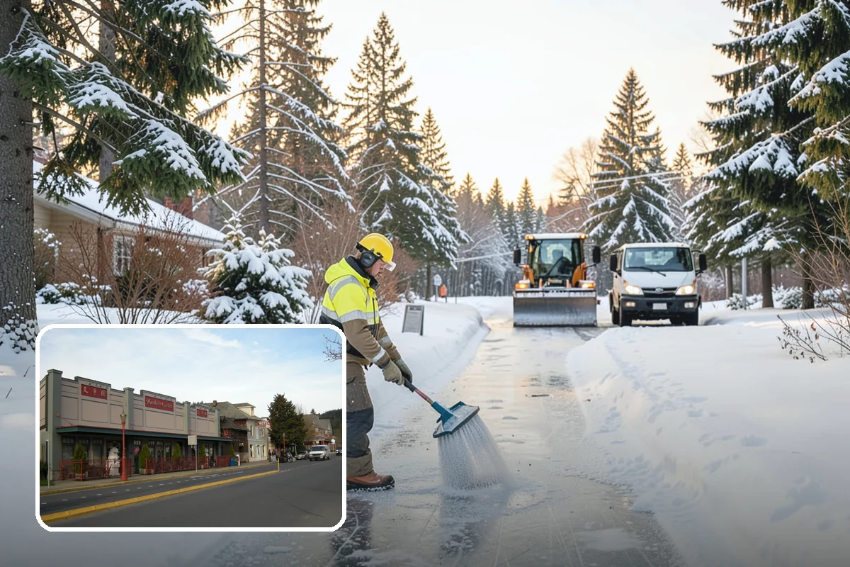 Business Park Parking Lot Snow Removal in Issaquah, King County, WA - Shared internal roads open first so tenants can circulate
