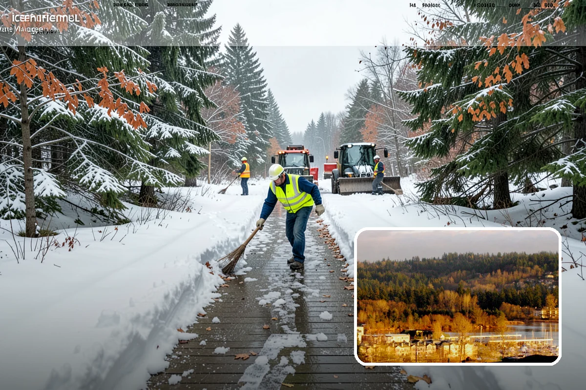Business Park Parking Lot Snow Removal in Kenmore, King County, WA - Shared internal roads open first so tenants can circulate