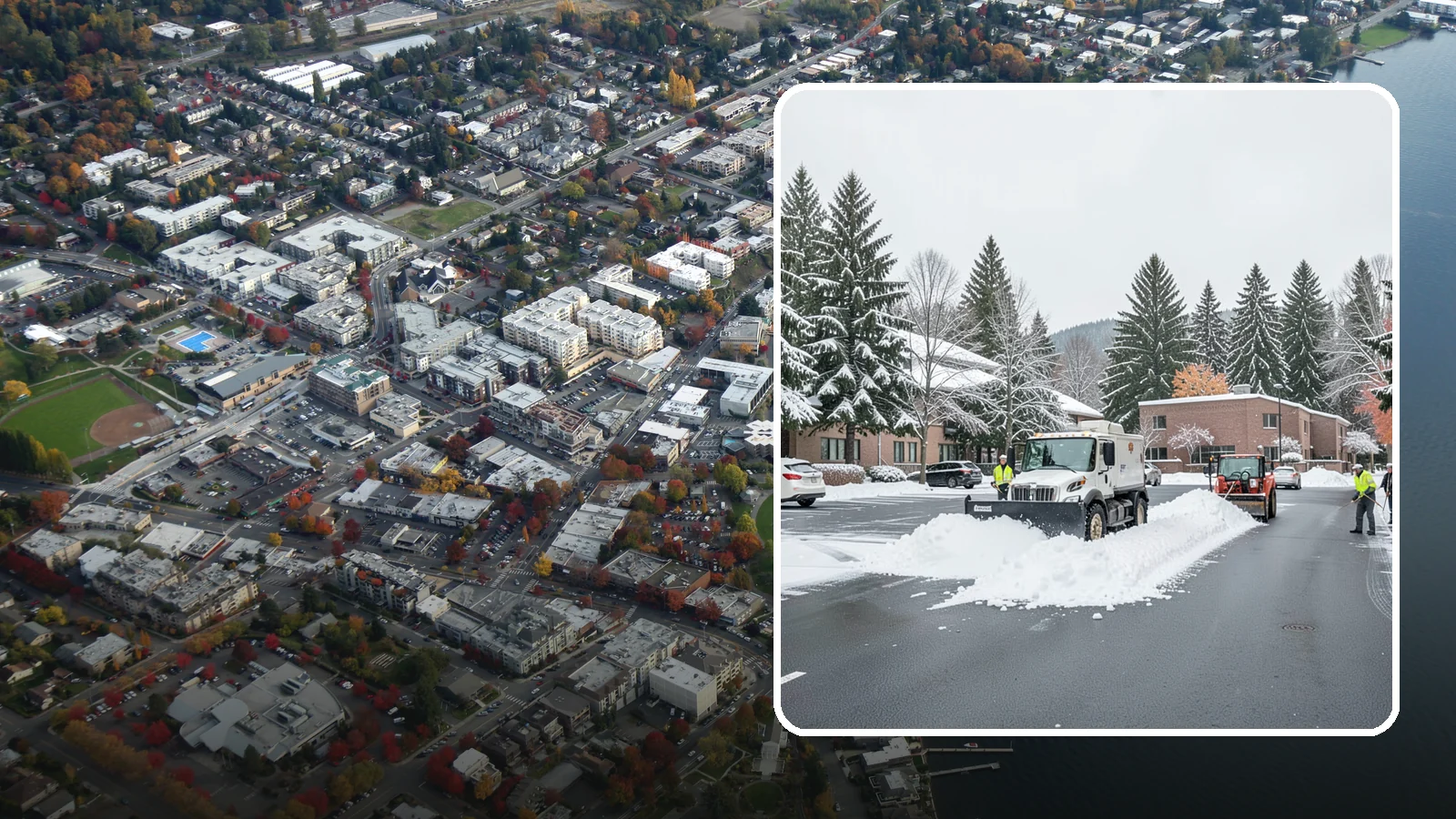 Business Park Parking Lot Snow Removal in Kirkland, King County, WA - We clear multi-building business park lots and connecting roads so Western Washington tenants reach work in winter.