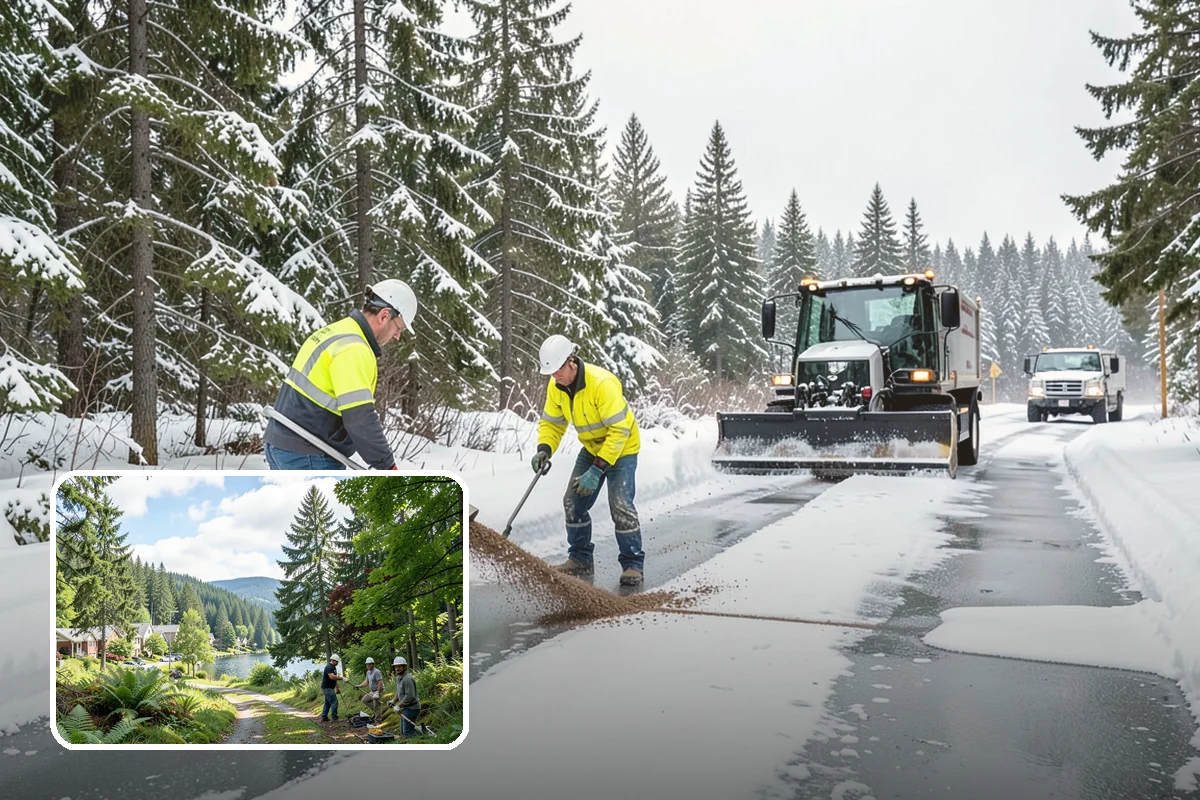 Business Park Parking Lot Snow Removal in Lake Forest Park, King County, WA - Shared internal roads open first so tenants can circulate