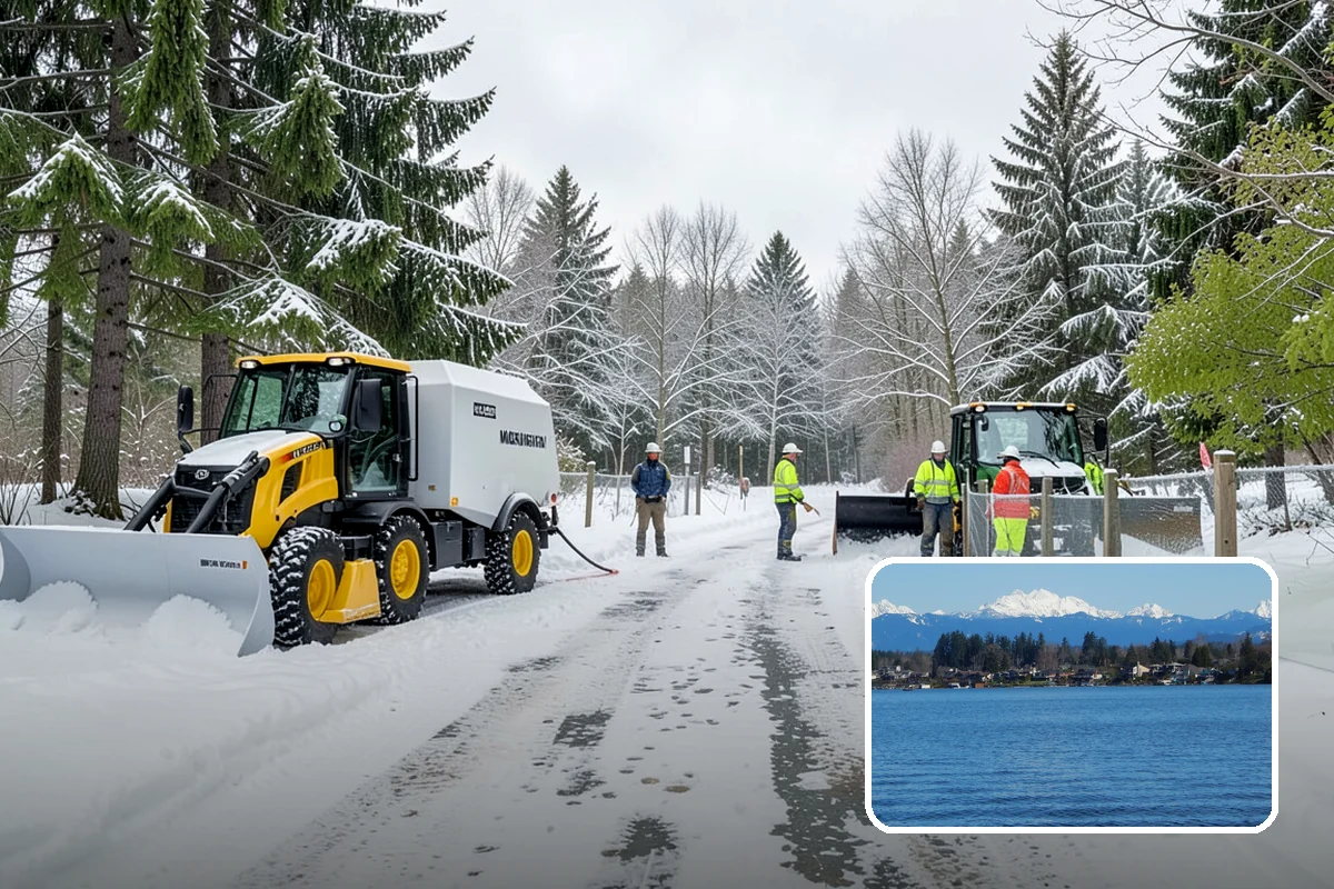 Business Park Parking Lot Snow Removal in Lake Stevens, Snohomish County, WA - Shared internal roads open first so tenants can circulate