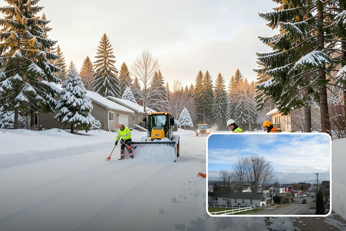Business Park Parking Lot Snow Removal in Langley, Island County, WA - Shared internal roads open first so tenants can circulate