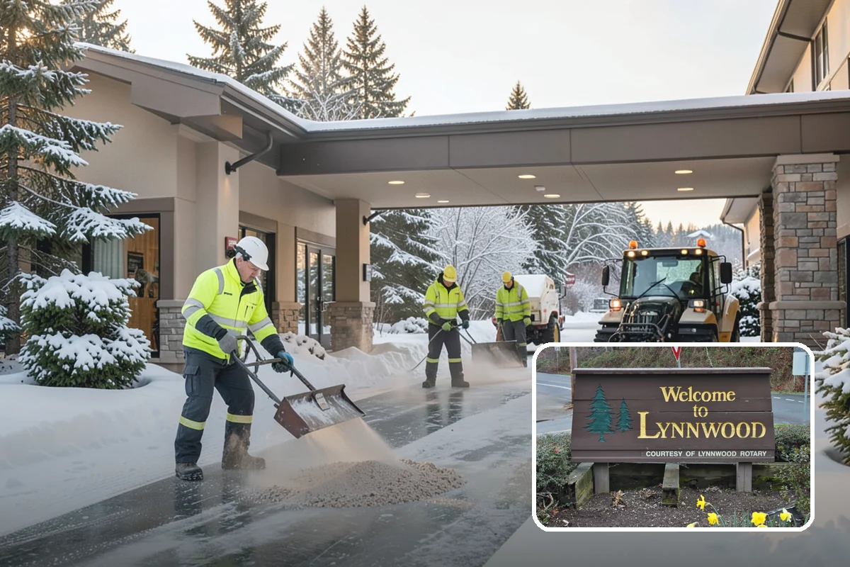 Business Park Parking Lot Snow Removal in Lynnwood, Snohomish County, WA - Shared internal roads open first so tenants can circulate