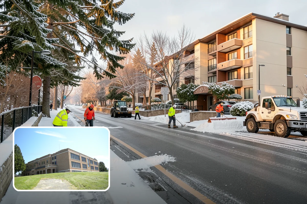 Business Park Parking Lot Snow Removal in Maple Valley, King County, WA - Shared internal roads open first so tenants can circulate