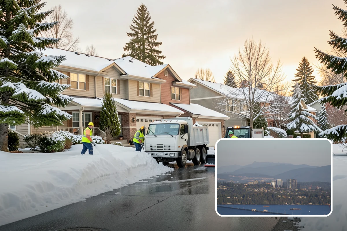 Business Park Parking Lot Snow Removal in Medina, King County, WA - Shared internal roads open first so tenants can circulate