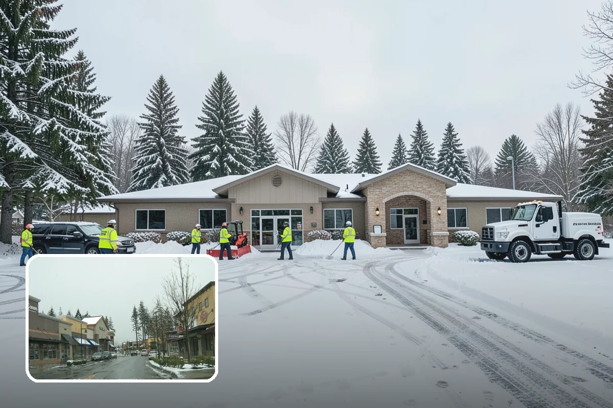 Business Park Parking Lot Snow Removal in Mill Creek, Snohomish County, WA - Shared internal roads open first so tenants can circulate