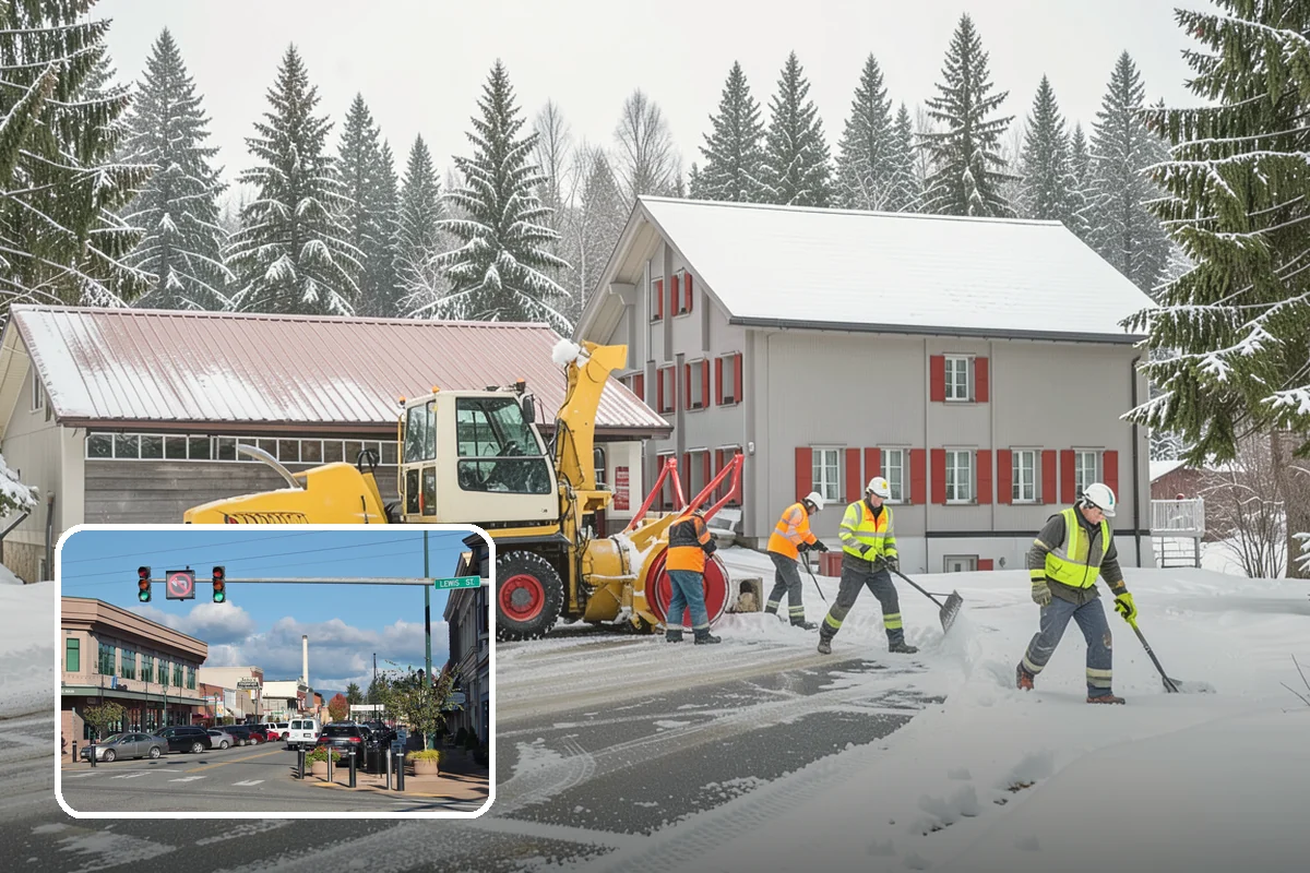 Business Park Parking Lot Snow Removal in Monroe, Snohomish County, WA - Shared internal roads open first so tenants can circulate