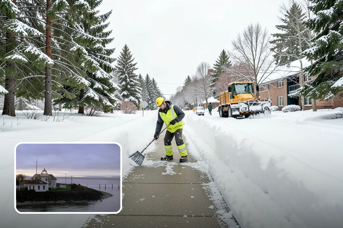 Business Park Parking Lot Snow Removal in Mukilteo, Snohomish County, WA - Shared internal roads open first so tenants can circulate