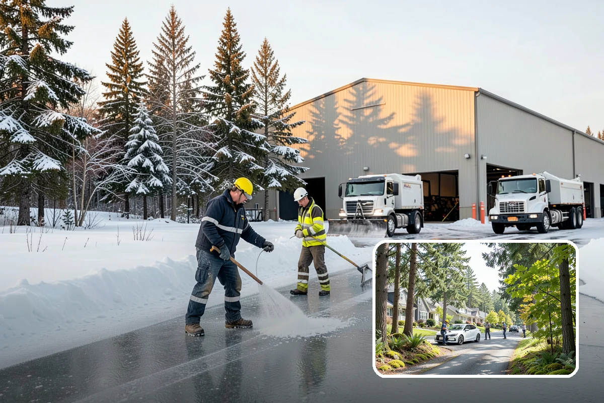 Business Park Parking Lot Snow Removal in Normandy Park, King County, WA - Shared internal roads open first so tenants can circulate
