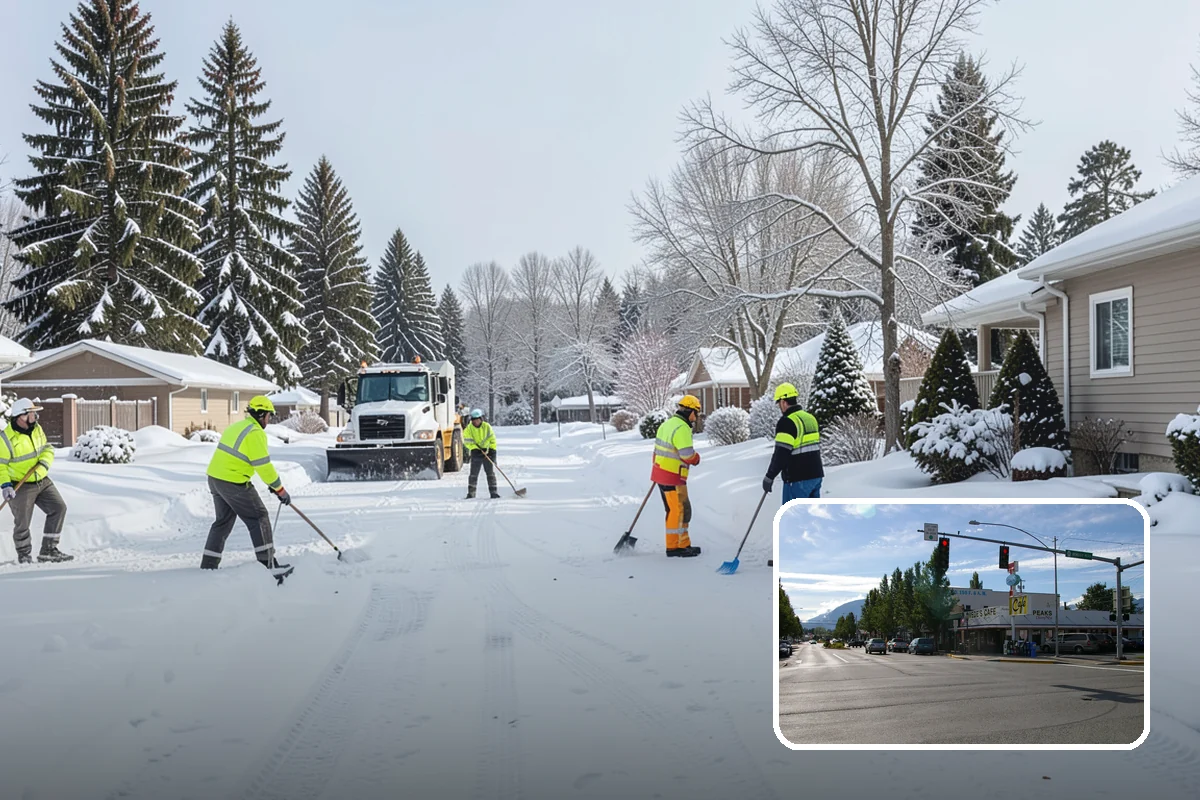 Business Park Parking Lot Snow Removal in North Bend, King County, WA - Shared internal roads open first so tenants can circulate