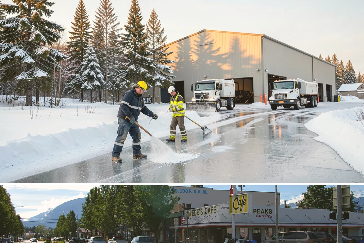 Business Park Parking Lot Snow Removal in North Bend, King County, WA - Business park lots across the Puget Sound region need the most winter clearing from December through February during peak freeze...