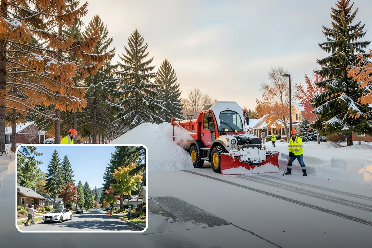 Business Park Parking Lot Snow Removal in Orting, Pierce County, WA - Shared internal roads open first so tenants can circulate