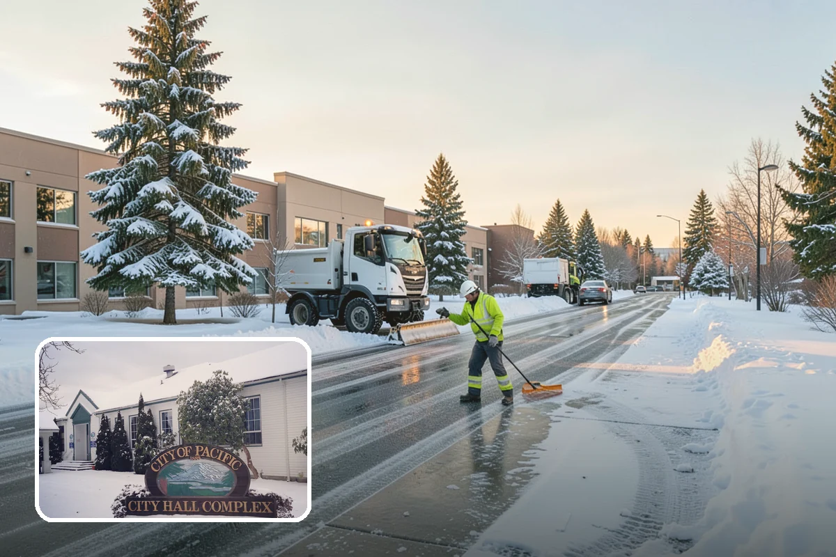 Business Park Parking Lot Snow Removal in Pacific, King County, WA - Shared internal roads open first so tenants can circulate