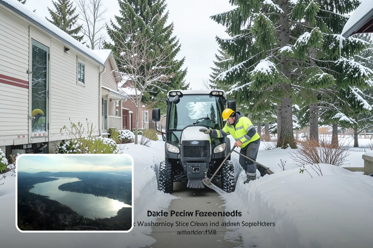 Business Park Parking Lot Snow Removal in Sammamish, King County, WA - Shared internal roads open first so tenants can circulate
