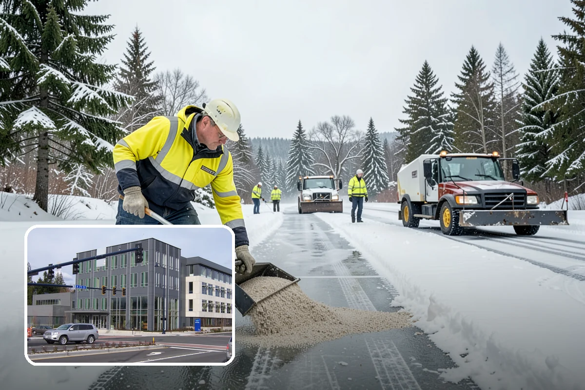 Business Park Parking Lot Snow Removal in Shoreline, King County, WA - Shared internal roads open first so tenants can circulate